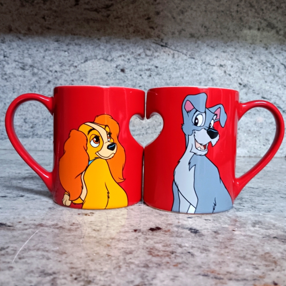 Disney Lady and the Tramp Joining Heart Mug Cup Set Red Authentic Disney Merch
